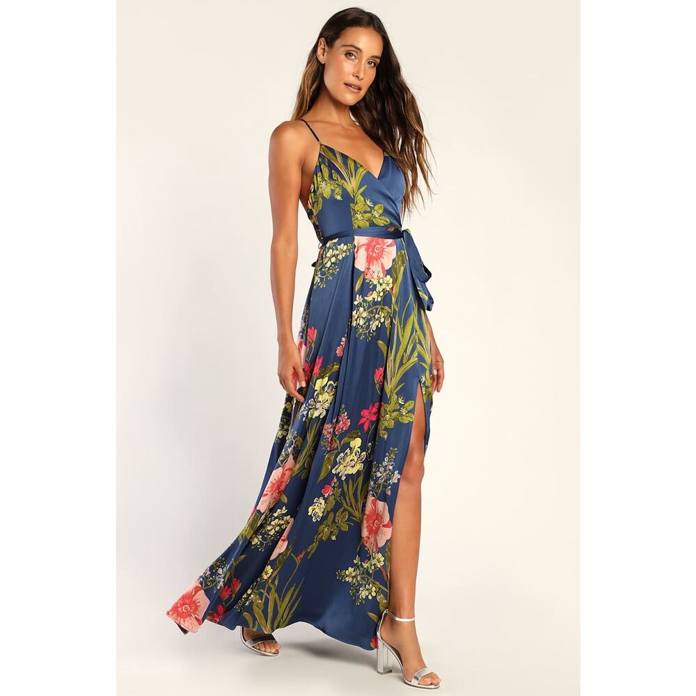 NWT Lulus Still the One Blue Floral Print Satin Maxi Dress Wedding Bridesmaid XS - Picture 7 of 9